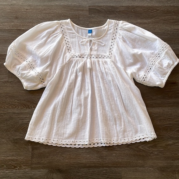 Old Navy White Gauze Notched Neck Balloon Puff Sleeve Short Top Size Small - Picture 2 of 12